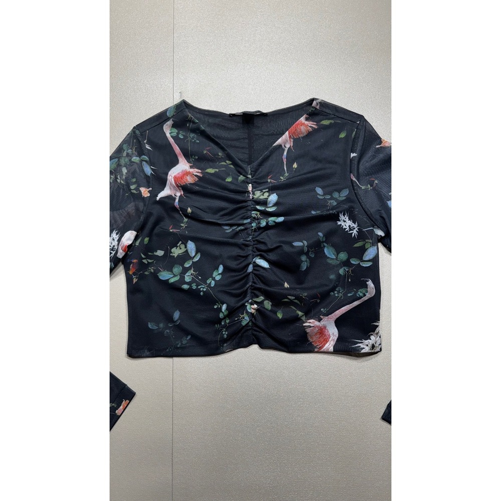 AllSaints Tessia Fabia Flamingo Print Ruched Mesh Crop Top Black Long Sleeve